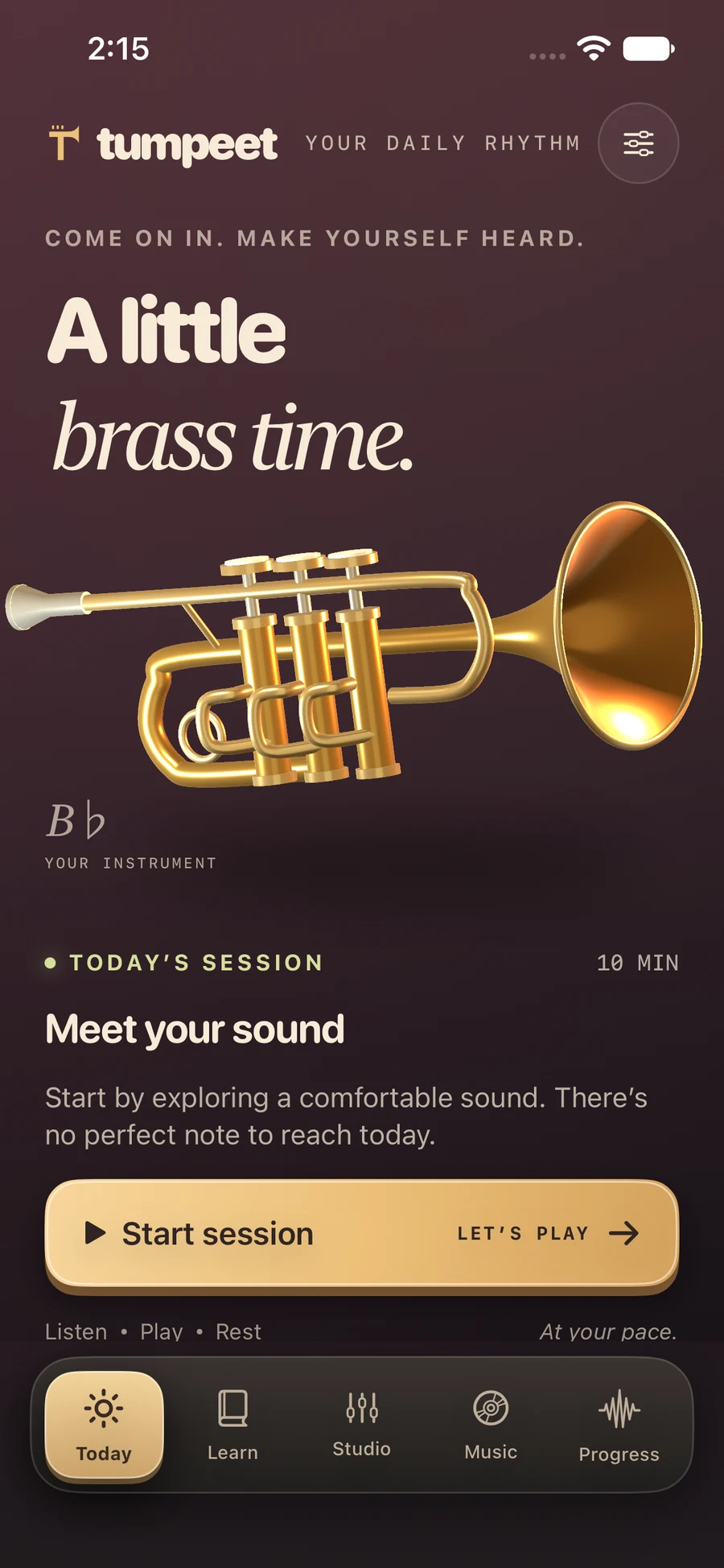 Tumpeet Today: a gold trumpet above your daily practice session
